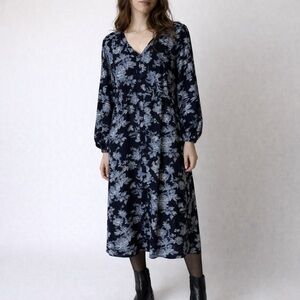 J Jason Wu Black and Blue Floral Midi Dress Women's L Long Sleeve V-Neck
